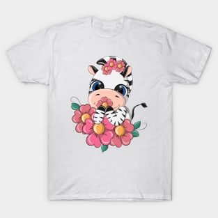 Cartoon zebra in a meadow with flowers. T-Shirt